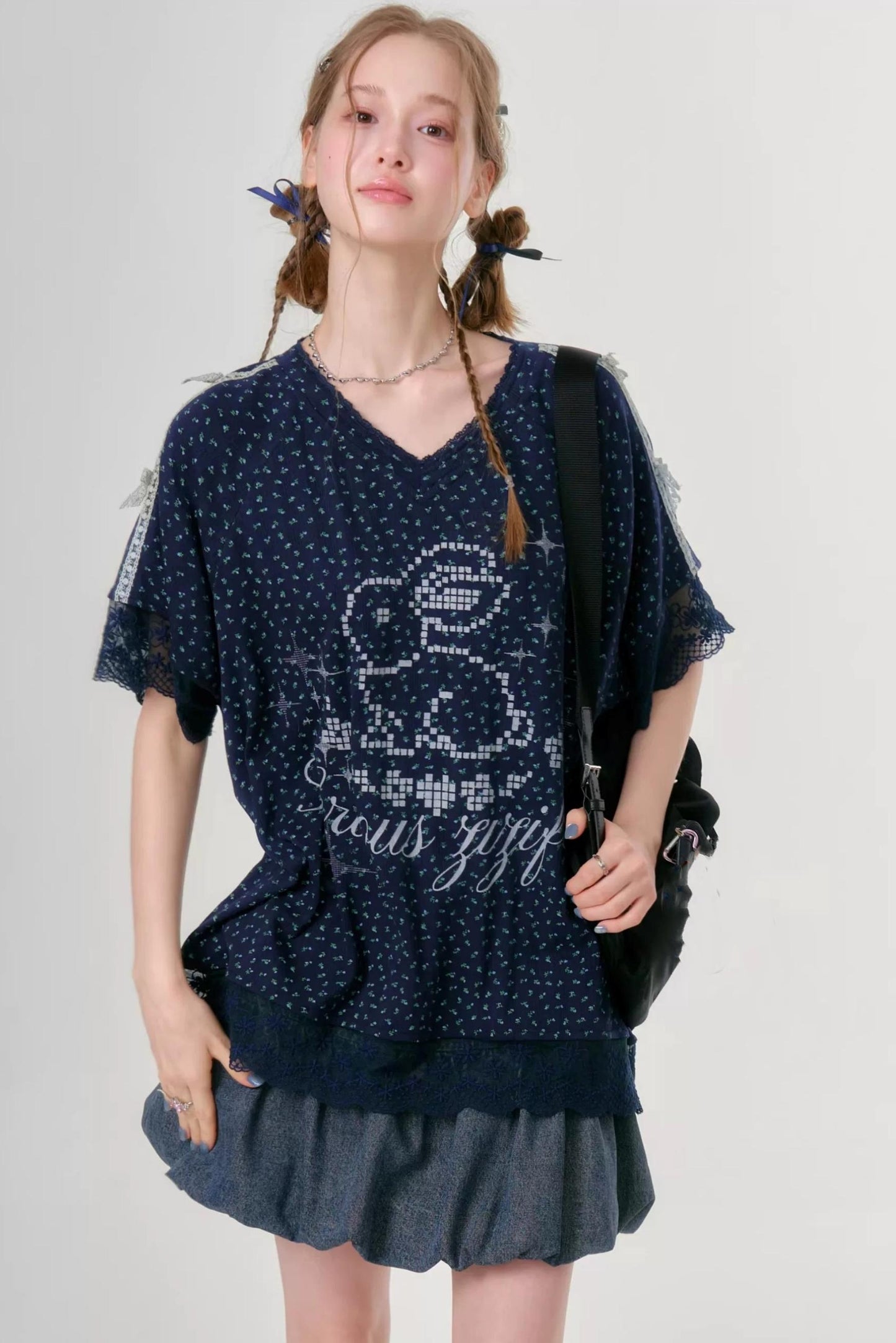Dark Blue Floral Lace V-Neck T-Shirt