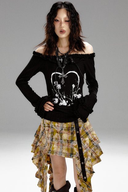 Retro Slim Print Hooded Knit Top