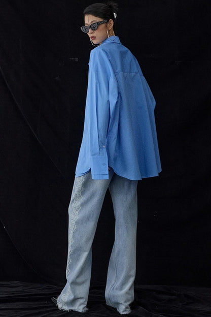 Blue Pointed Long-Sleeved Shirt