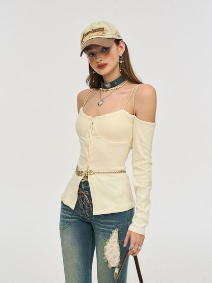 Beige One Shoulder Halter Top