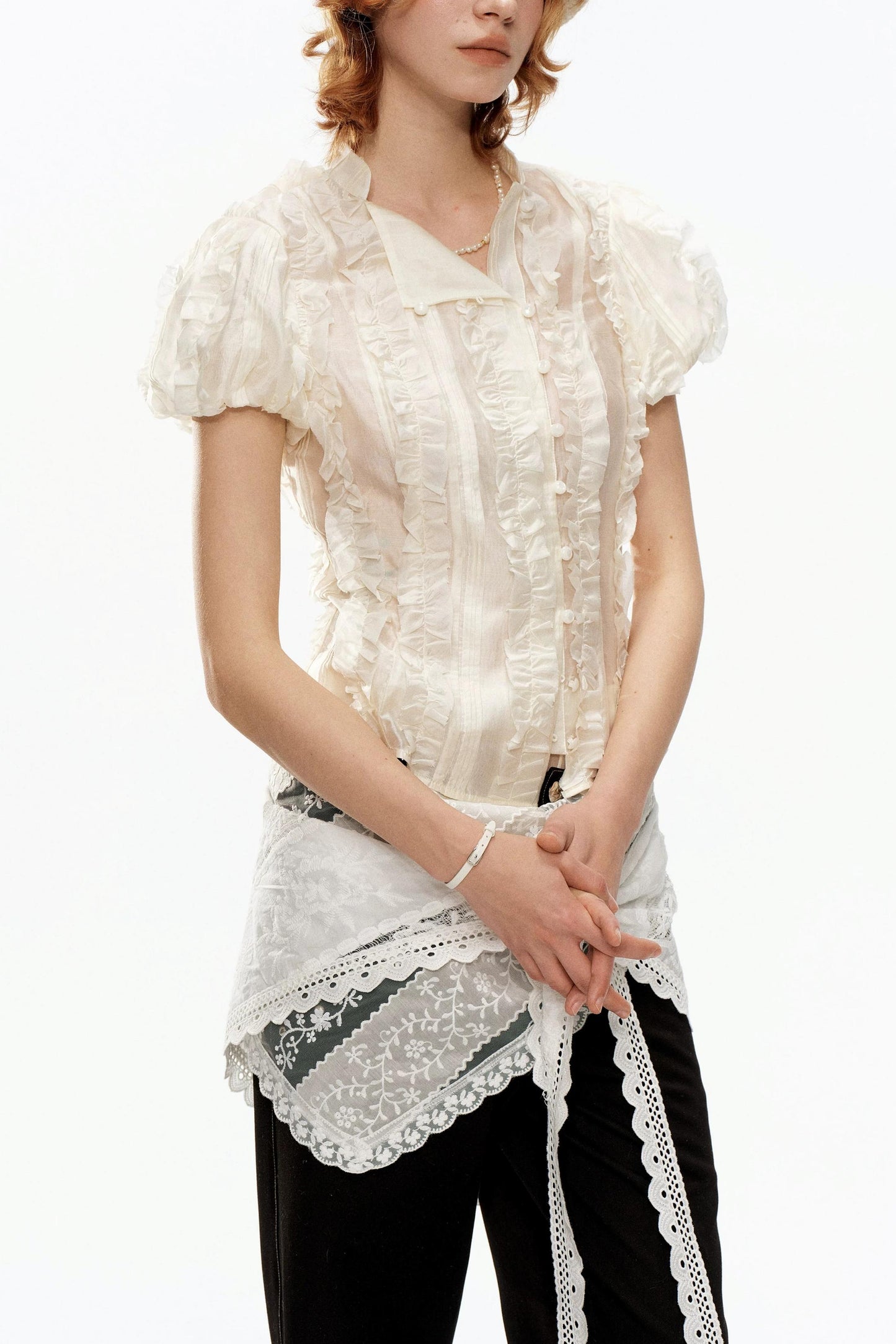 Beige Jacquard Puff Sleeve Blouse