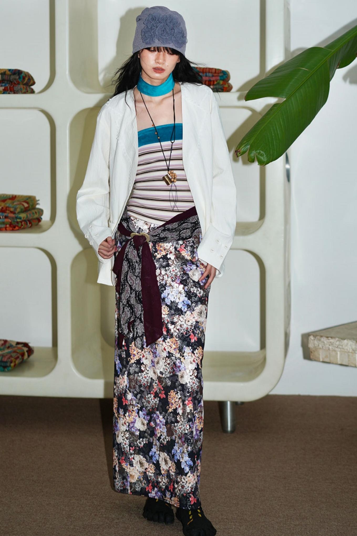 Gold Floral Pleated Skirt