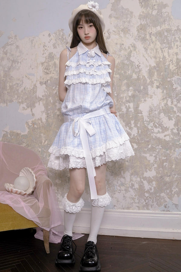 Lace-Trimmed Blue Plaid Dress