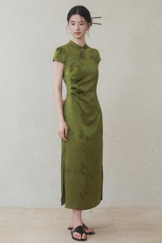 Summer Green Satin Cheongsam Dress