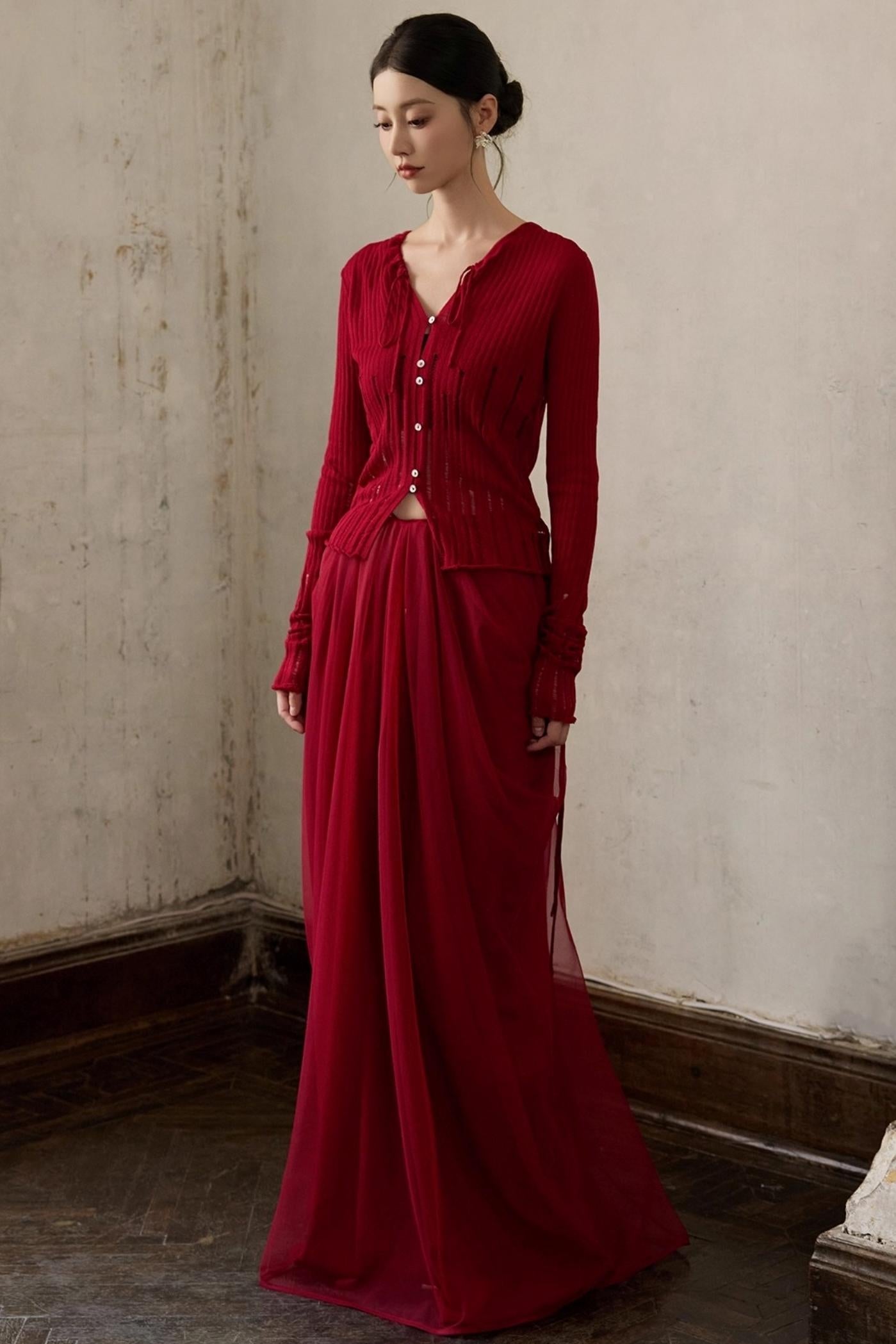 Autumn Red Knitted Cardigan