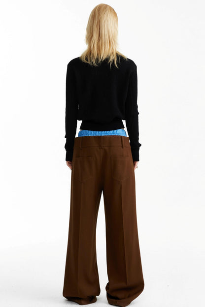 Blue and Brown Contrast Belt Decorative Pants