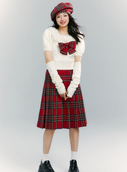 Fur Collar Tops Red Plaid Skirt 2-piece Set