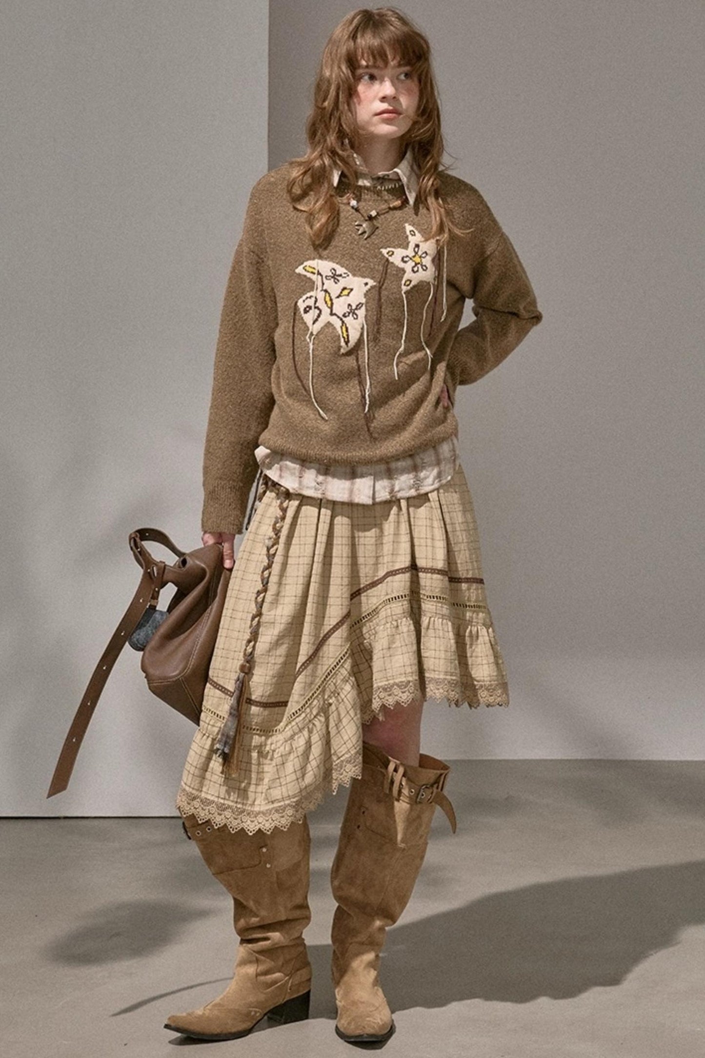 Wave Stitching Plaid Midi Skirt