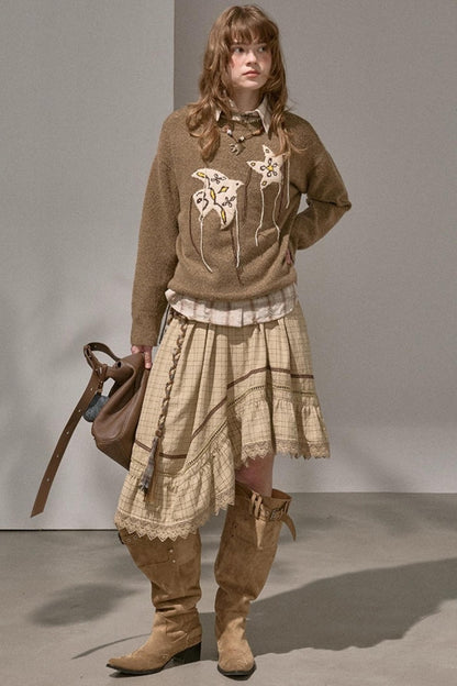 Wave Stitching Plaid Midi Skirt