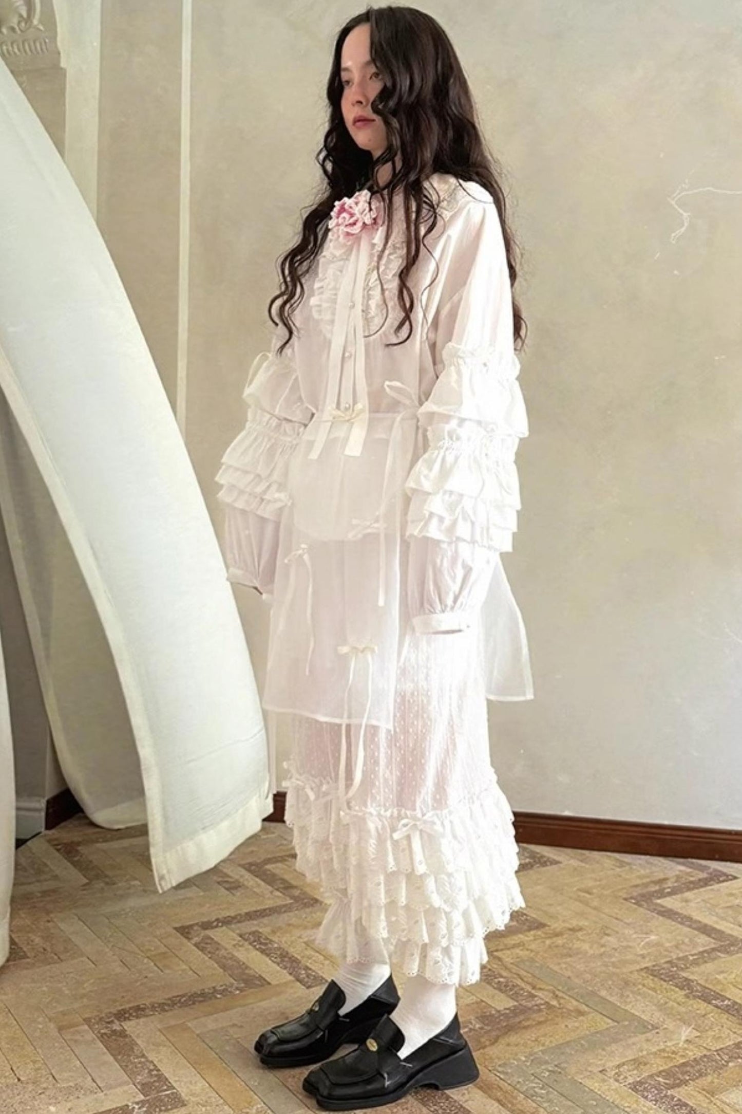 Pink-White Plaid Lace Shirt