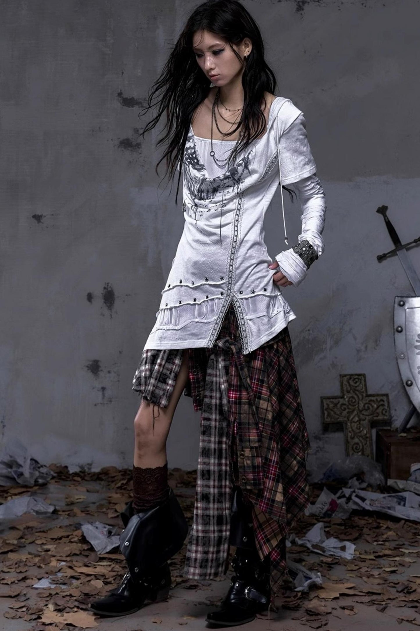 Rock Swing Collar Print Long Sleeve Dress