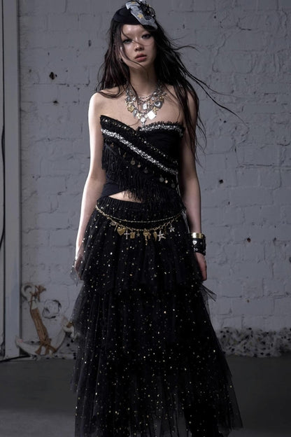 Fairycore Star Tiered Mesh Skirt