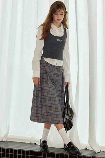 Vintage Gray Plaid Midi Pleated Skirt