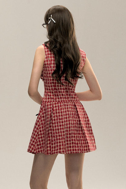 Red Check Floral Bow Vest Dress