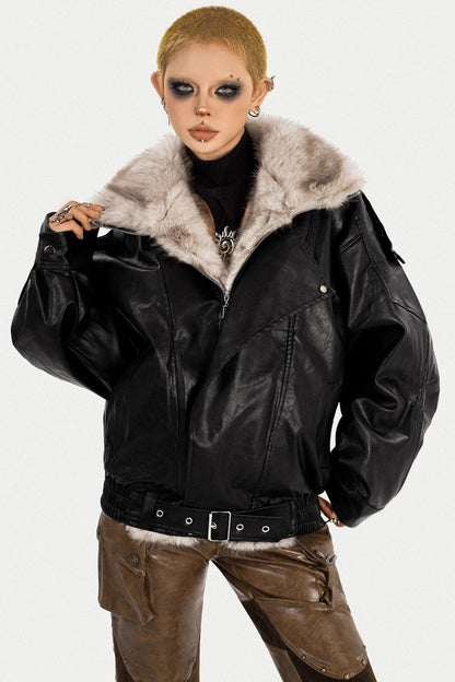 Thickened Pu Leather Fur Collar Jacket