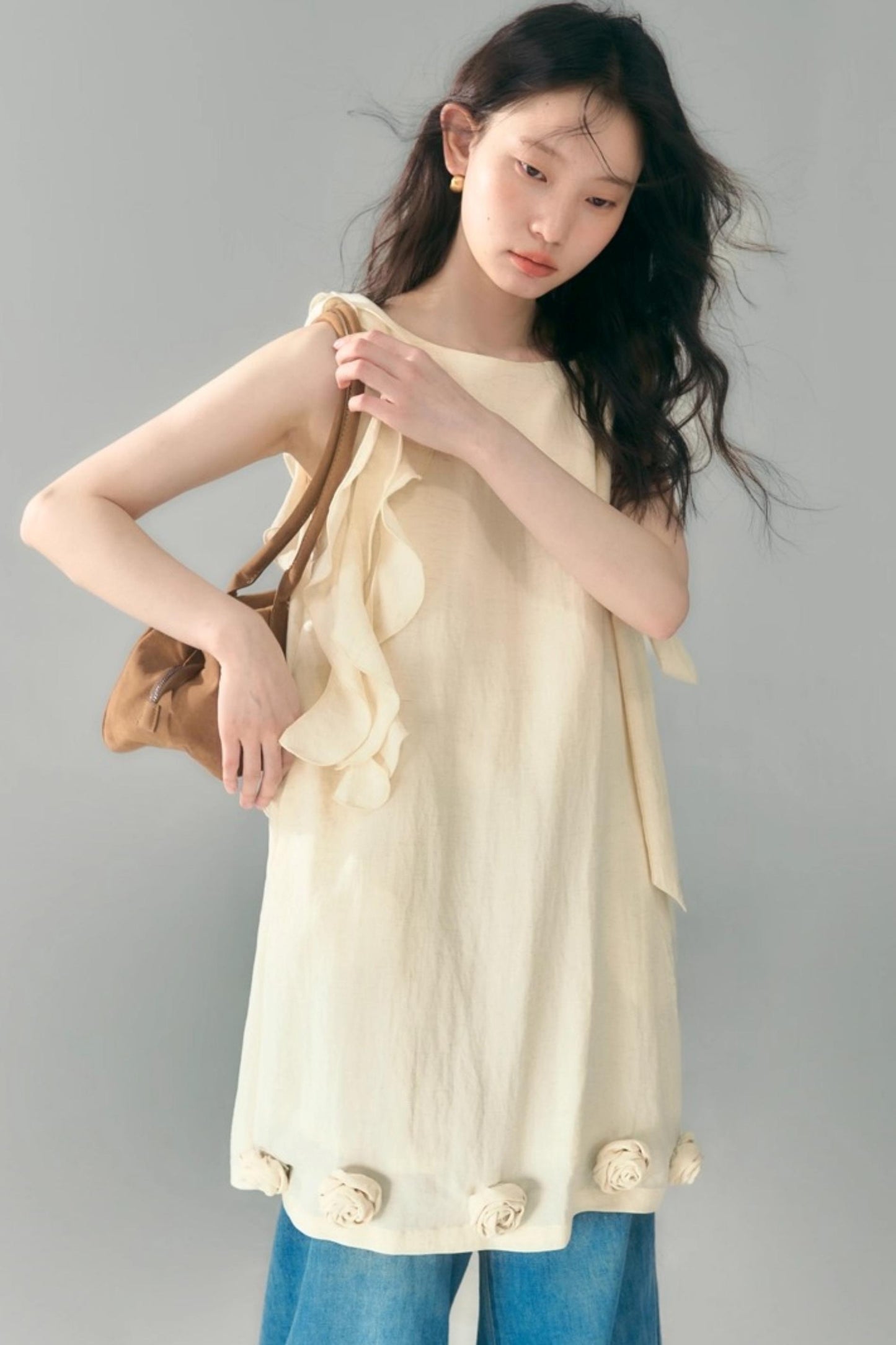 Three-Dimensional Rose Lace Linen-Blend Dress