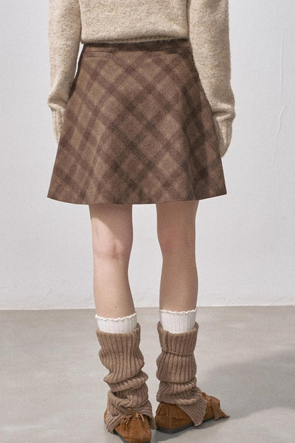 Split Wool Plaid A-Line Skirt
