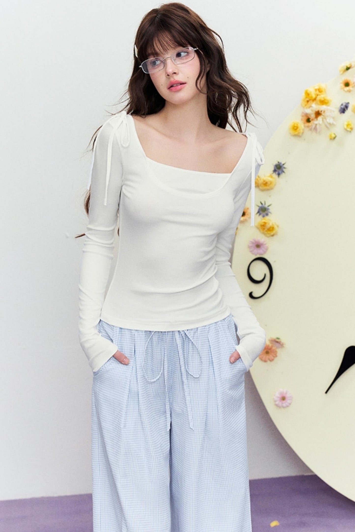 Korean Slim Tie Shoulder Top