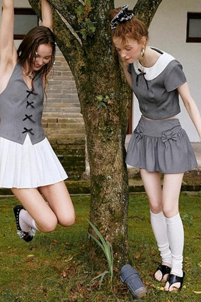 Gray Bowknot Halter Skirt Set-Up