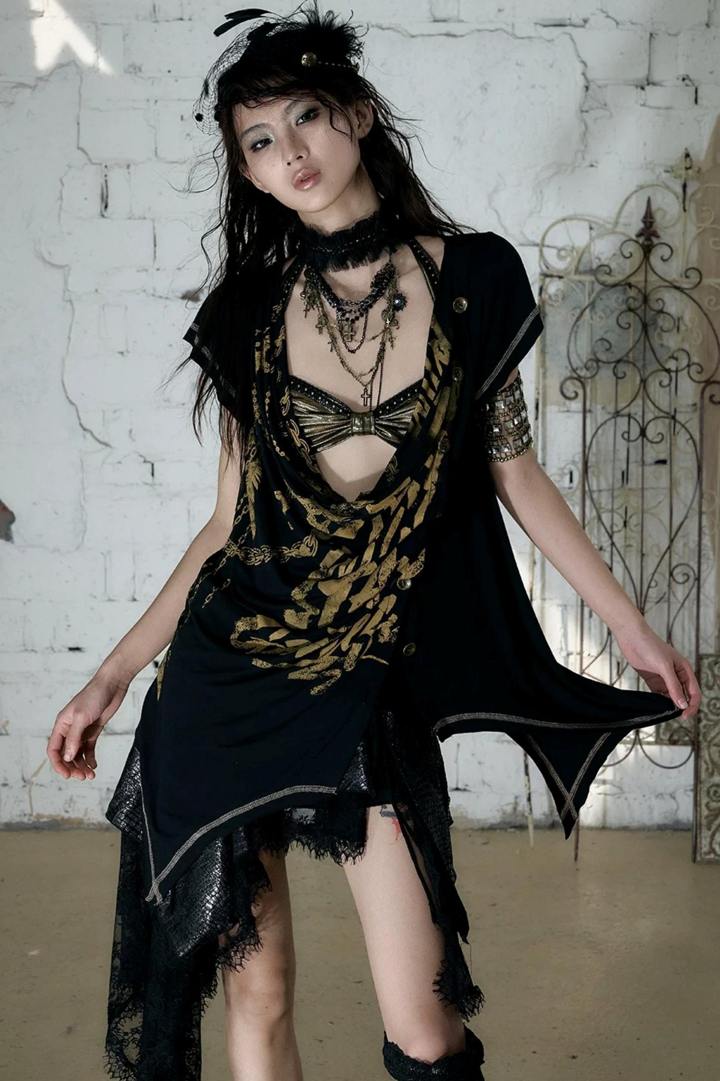 Punk Asymmetrical Neckline T-Shirt Set-Up
