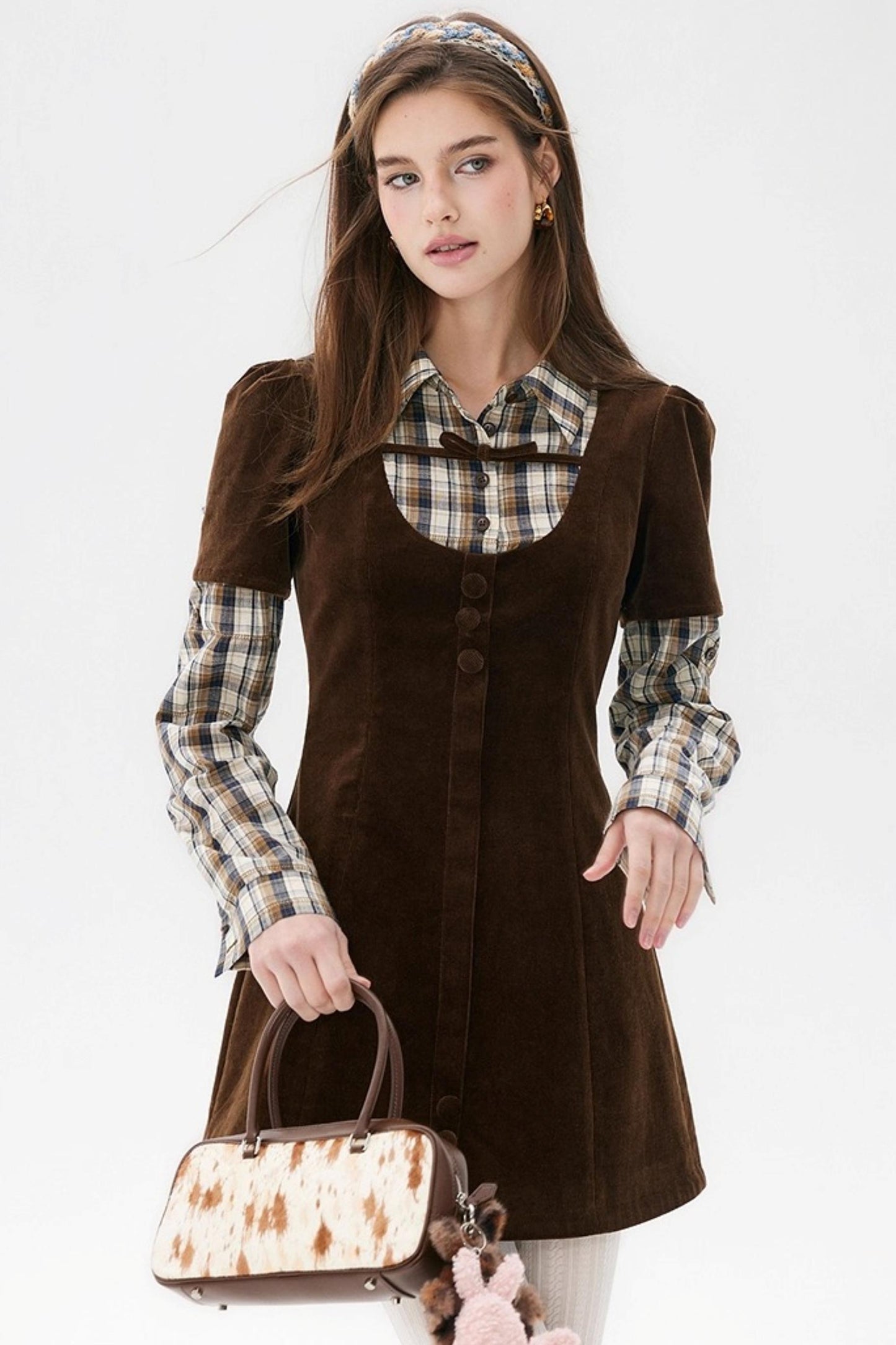 Brown Plaid Corduroy Dress