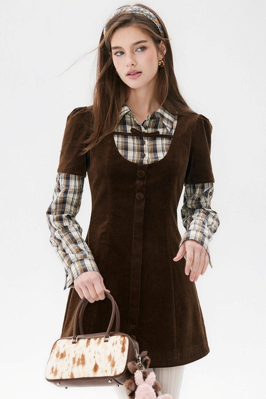 Brown Plaid Corduroy Dress