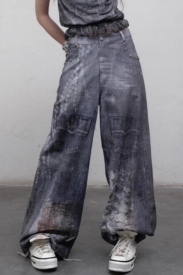 Printed Blue Wide-Leg Denim Pants