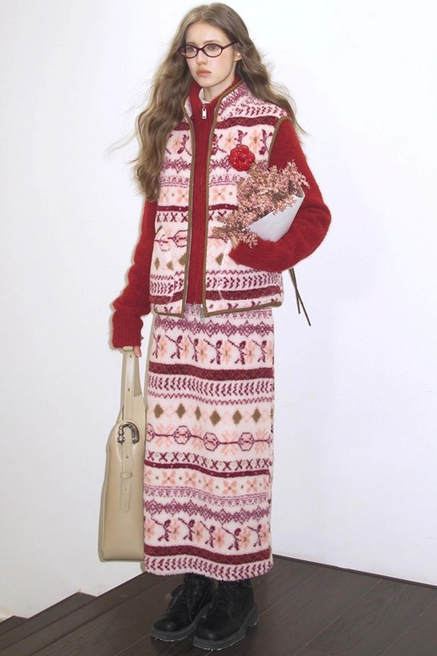 Berry Peach Retro Fleece Vest Jacket Skirt Set-Up