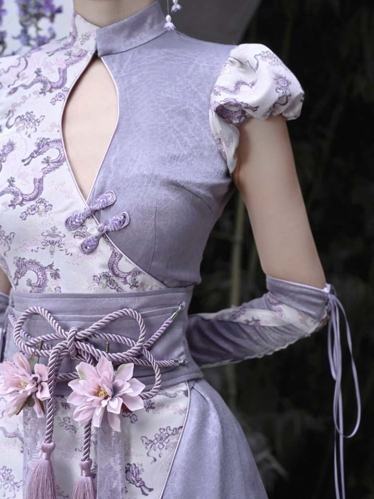 Dragon Pattern Chinese Dress & Ribbon Flower Girdle