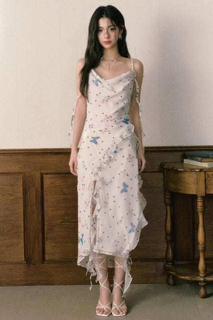 Butterfly Floral Halter Chiffon Maxi Dress