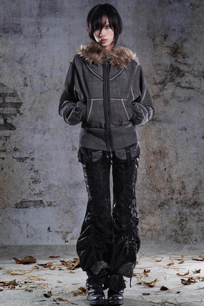 Vintage Lantern Sleeve Hooded Sweatshirt Jacket