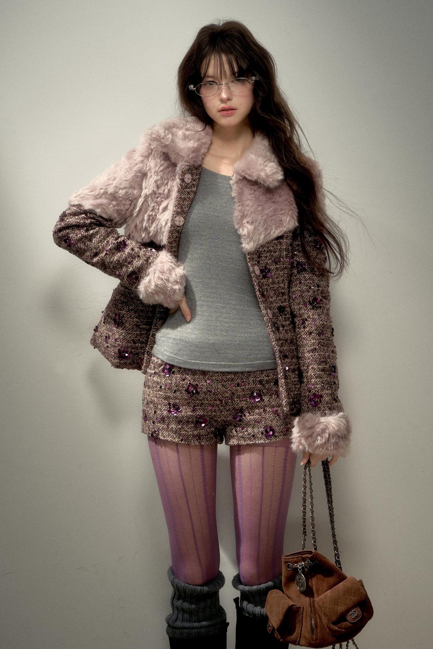 Retro Chic Purple Sequin Tweed Suit Set-Up