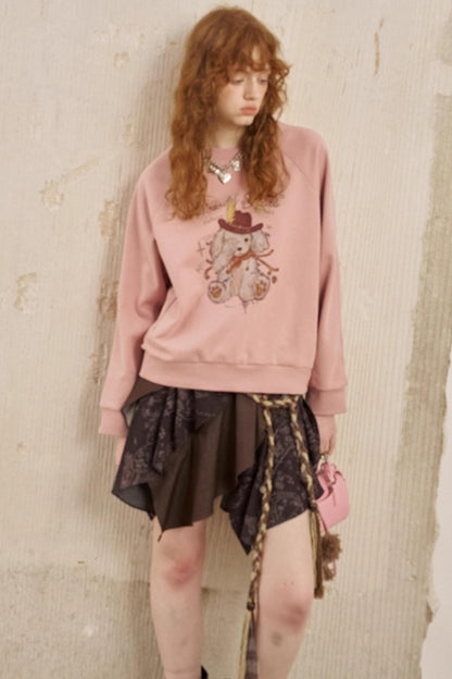 Blindfolded Puppy Print Crew Neck Pullover