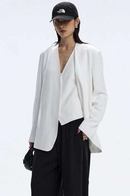 White Collarless V-Neck Loose Suit Set-Up