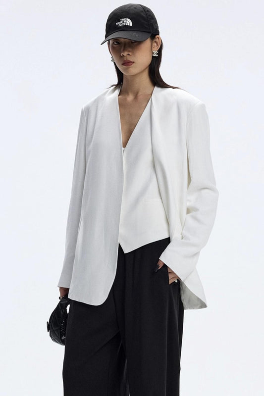 White Collarless V-Neck Loose Suit Set-Up