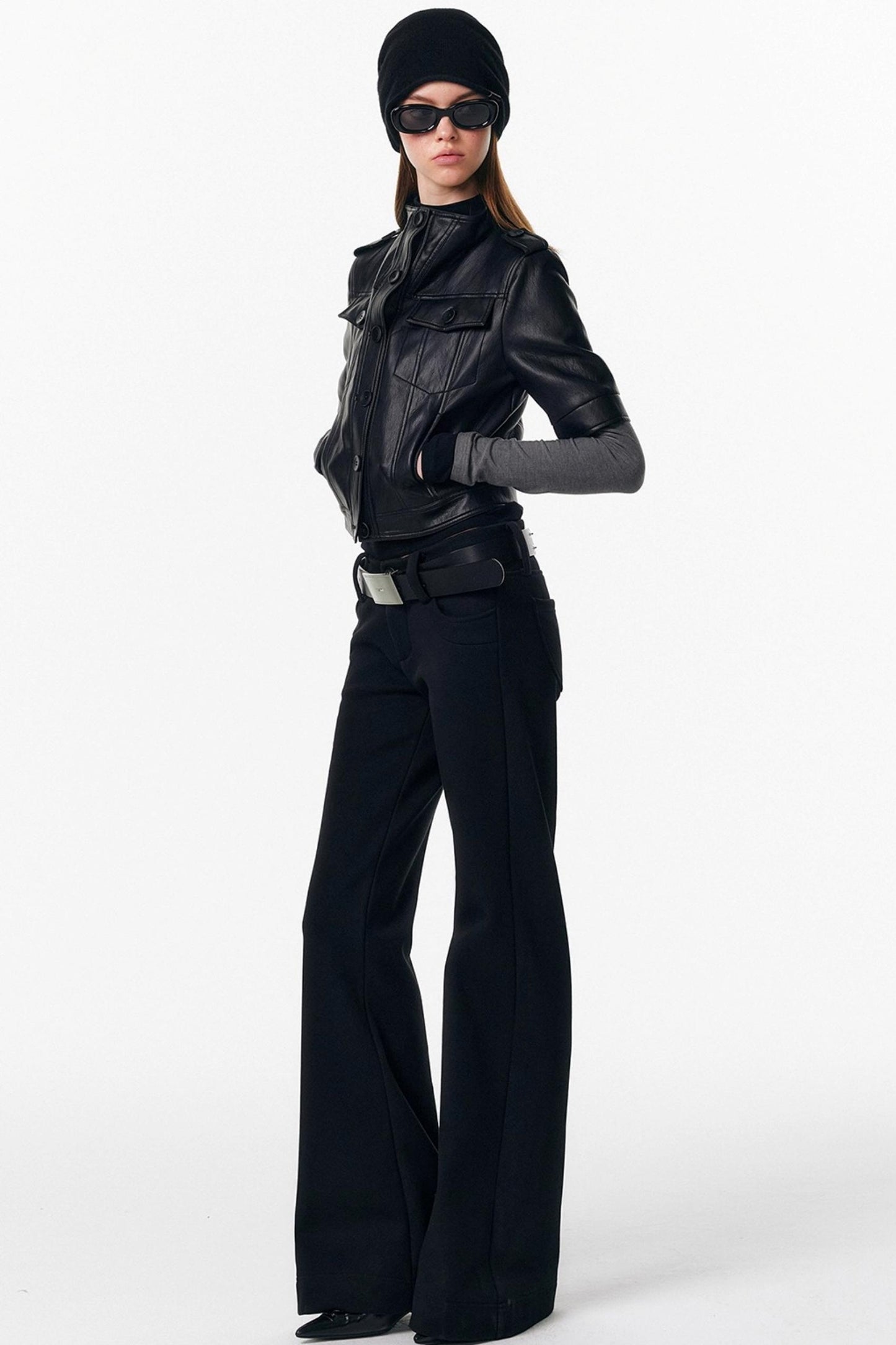 Leather Mid-Sleeve Slim Jacket