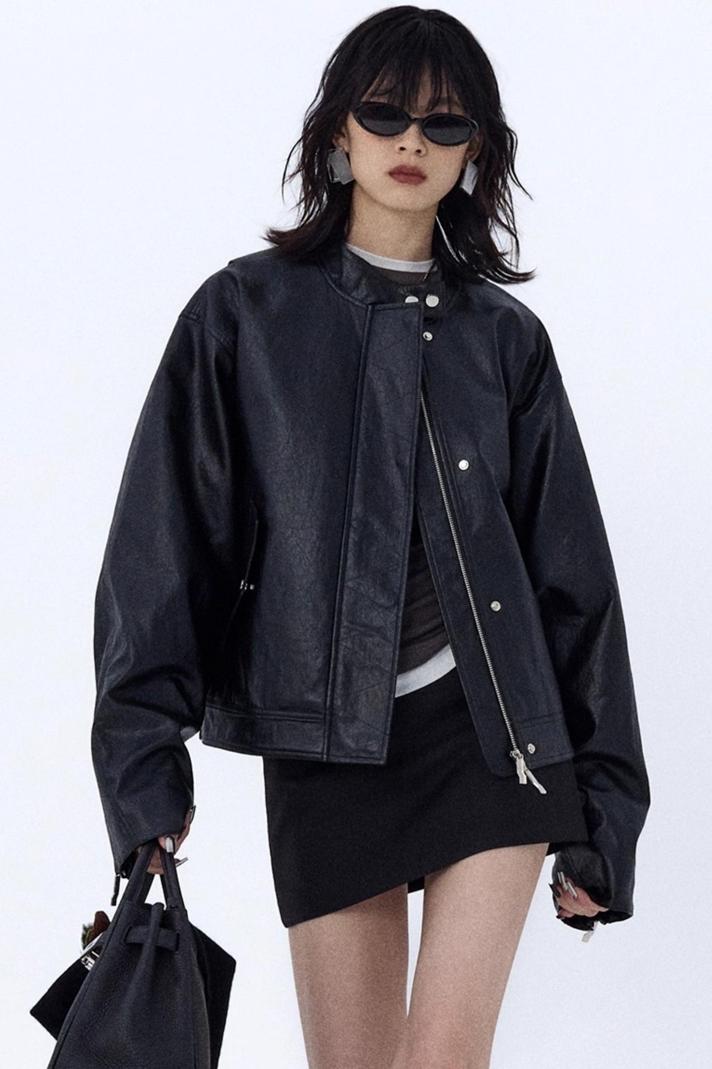 Stand-Up Pleated Leather Jacket