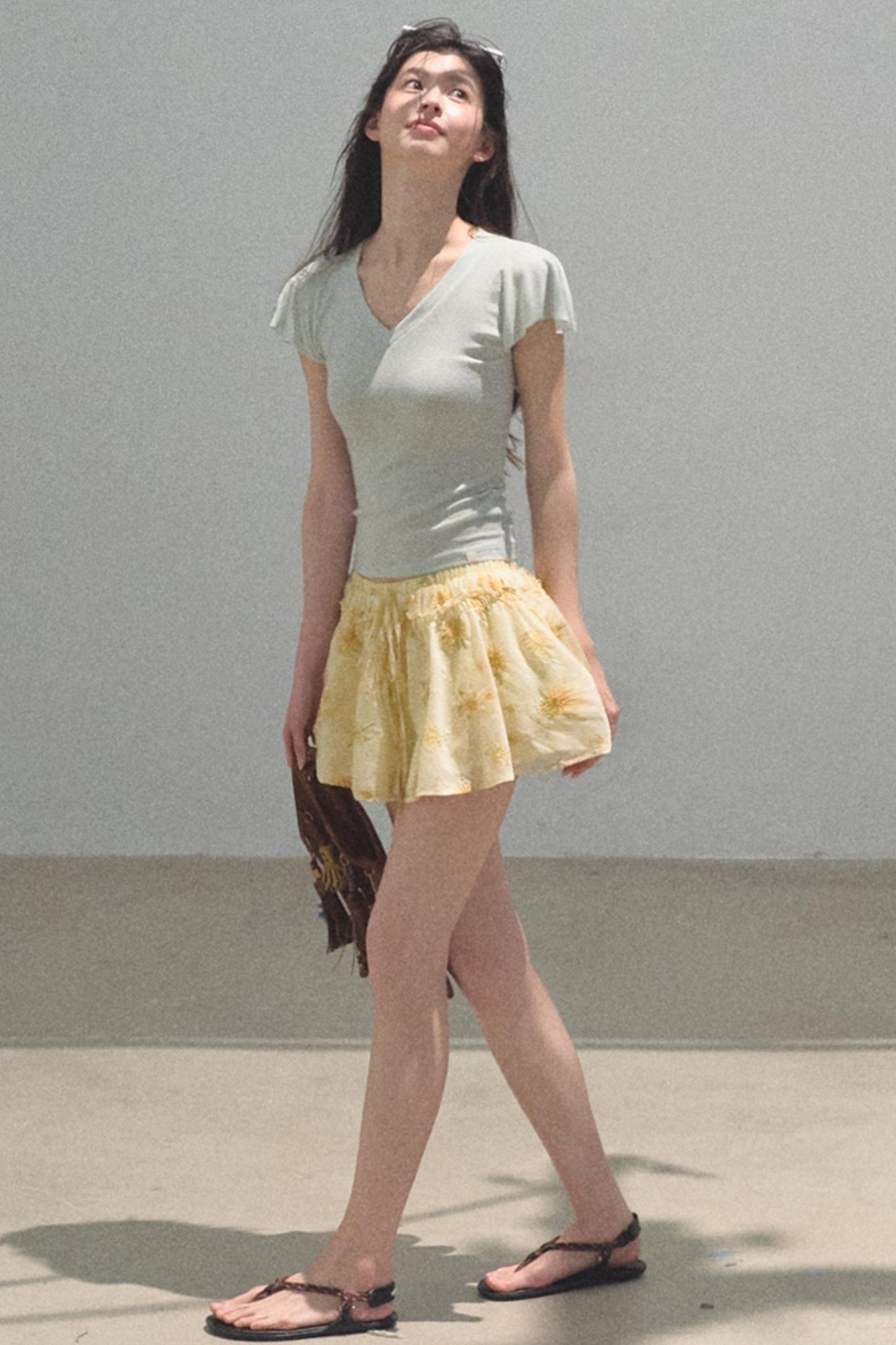 Green Apples Sleeve V-Neck Skinny Top