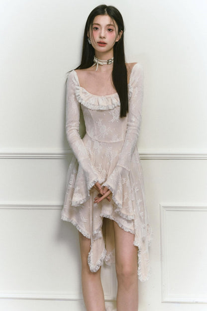 Square Neck Asymmetric Long Sleeve Dress