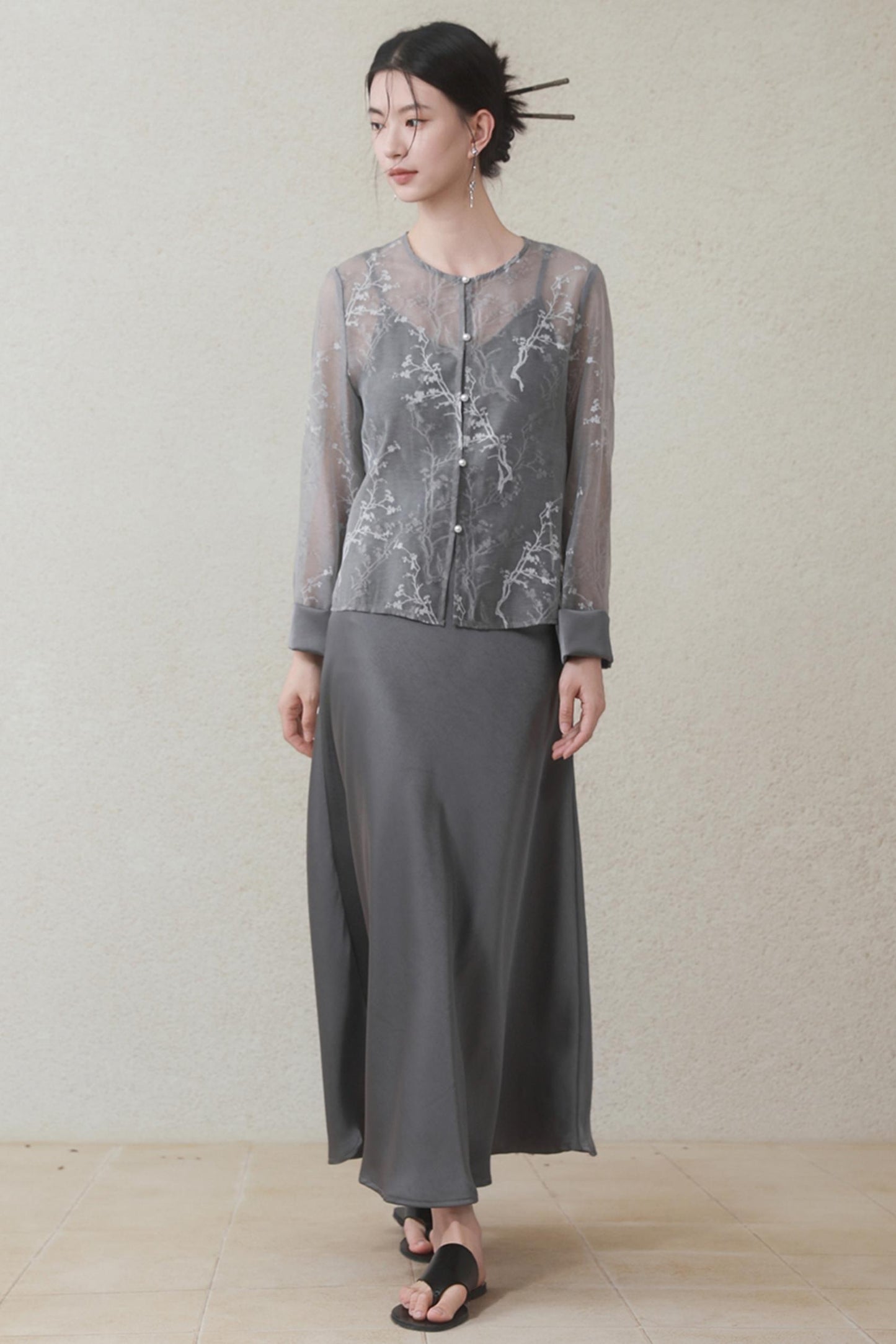 Plum Blossom Cardigan & Satin Dress Set