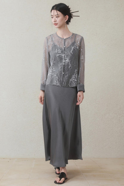 Plum Blossom Cardigan & Satin Dress Set