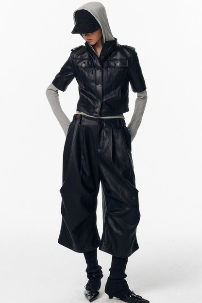 Irregular Pleated Leather Pants