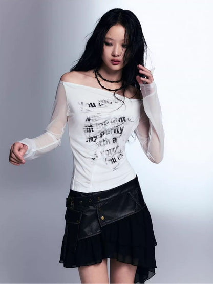 One shoulder spliced mesh long sleeve t-shirt