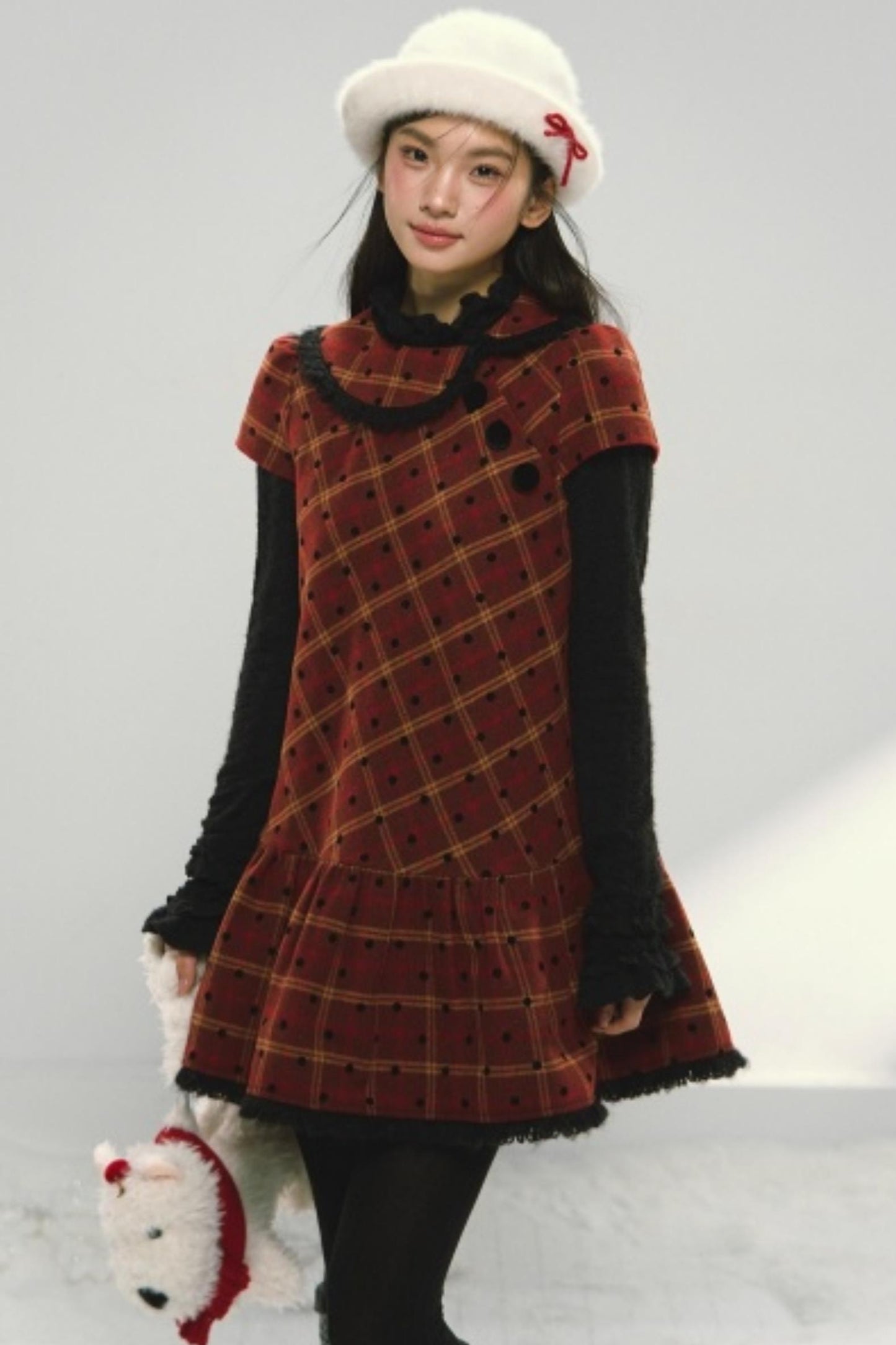 Christmas Plaid Tweed A-Line Dress Set-Up