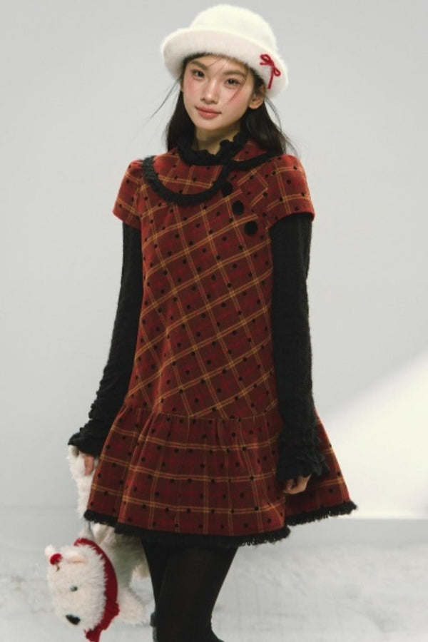 Christmas Plaid Tweed A-Line Dress Set-Up