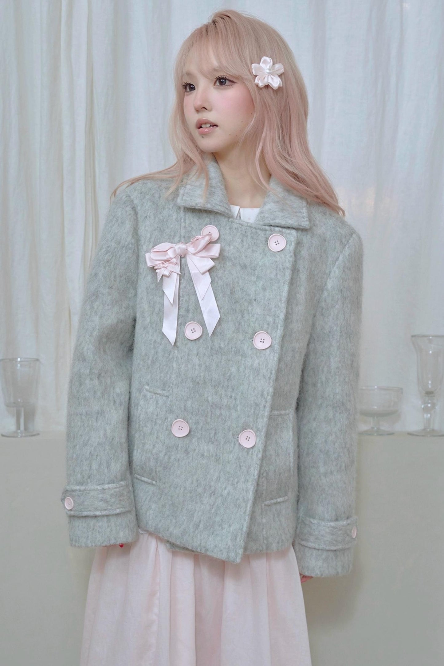 Light Grey Water Ripple Woolen Coat