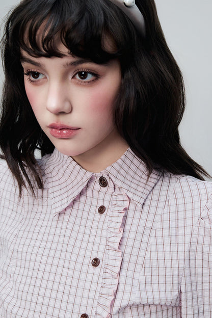 Spring Slim Plaid Ruffle Tie Shirt