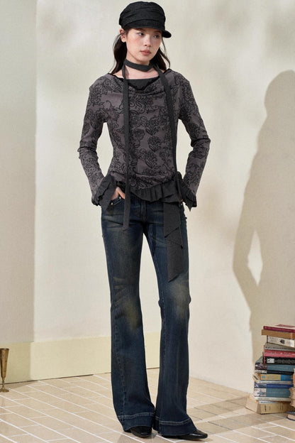 Swing Collar Ruffled Floral Lace Top