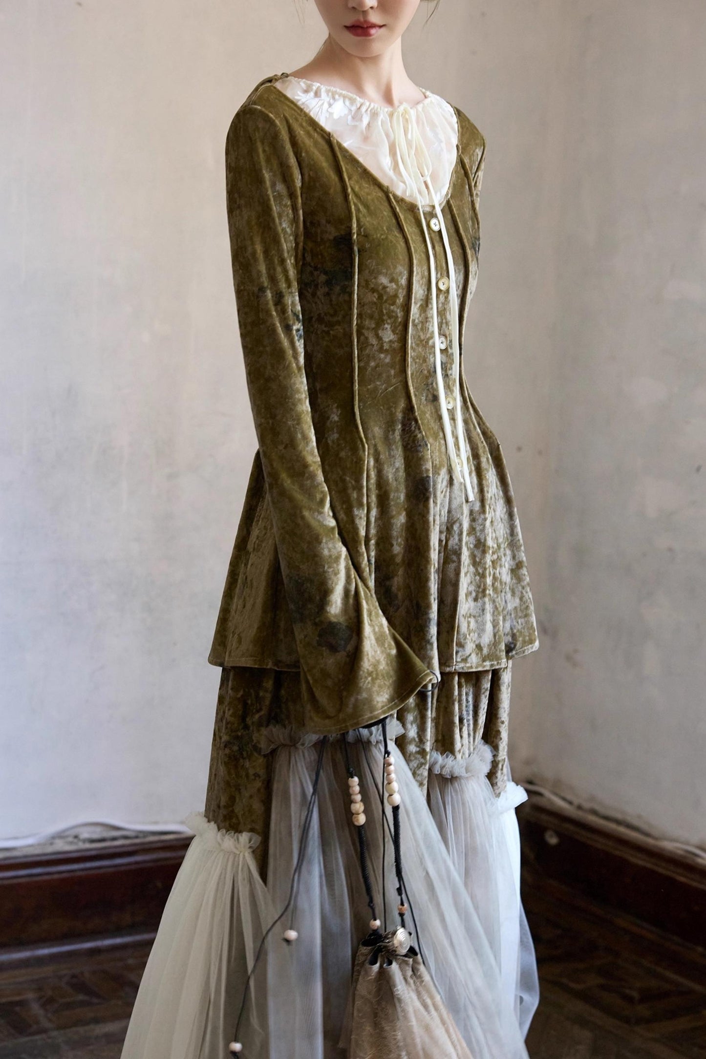 French Velvet Long Sleeve Lace-up Top