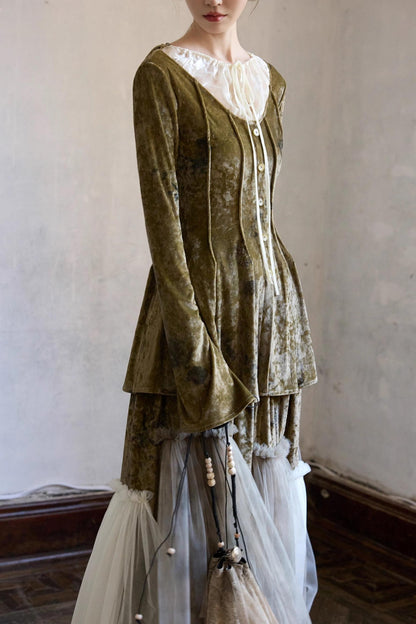 French Velvet Long Sleeve Lace-up Top